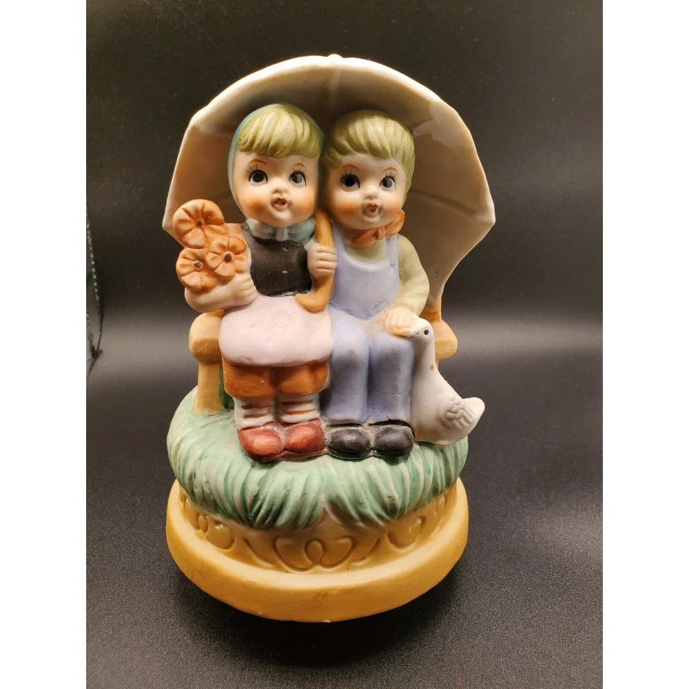 Vintage Porcelain Kids Umbrella Wind-up Music Box Musical Raindrops Keep Falling